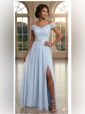 David's Bridal Light Blue Off-the-Shoulder Lace & Chiffon Gown with High Slit